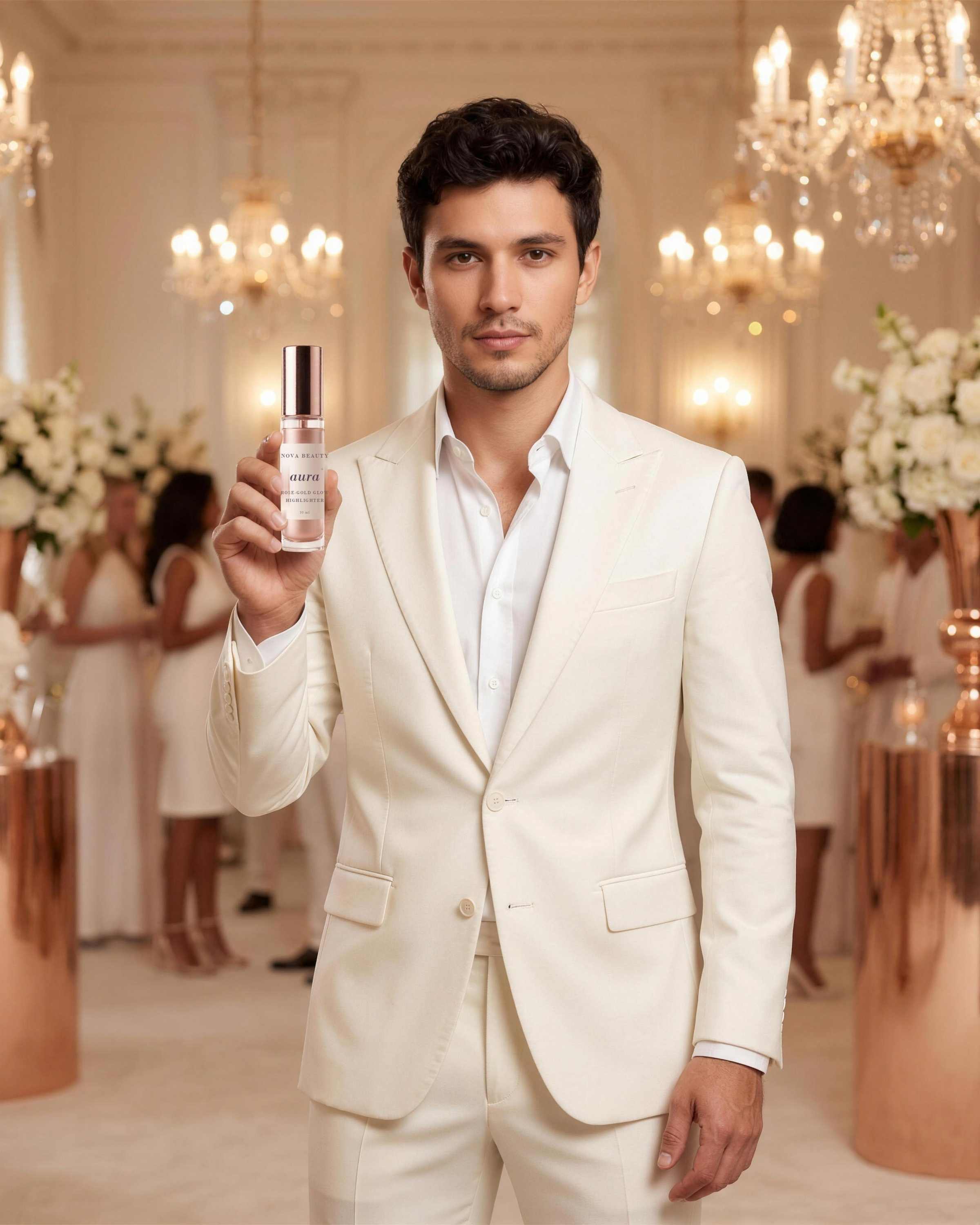Creative demonstration: the same internal model's face rendered into a complete branded campaign image — full-body in a cream evening suit holding a fictional 'Nova Beauty · aura' product in an elegant chandelier-lit ballroom, with a new pose, attire, background, props, style, and branded framing.