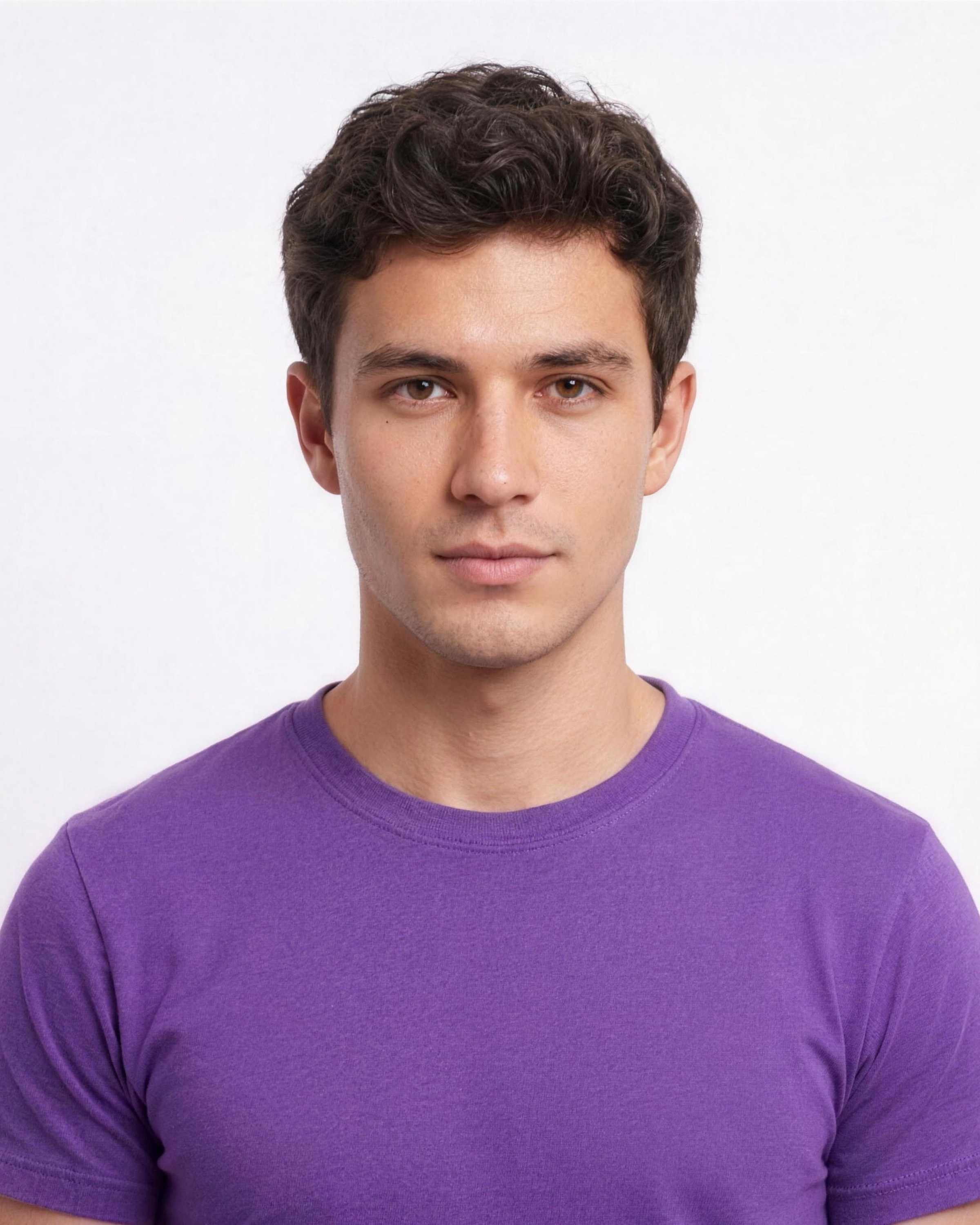 Creative demonstration: a plain studio source capture of an approved internal model — a man in a plain purple t-shirt against a neutral light backdrop — showing the face and upper body that Sudo Booth captures.