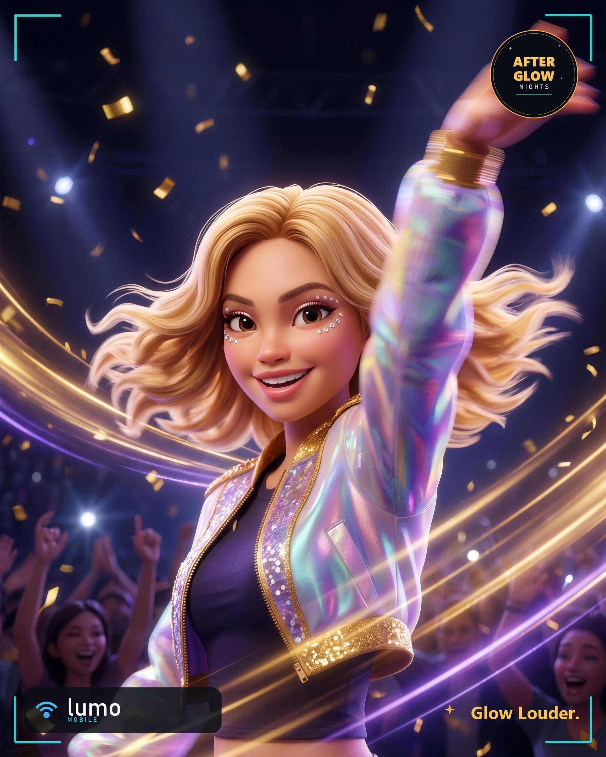 Creative demonstration: a festival celebration example — a stylized 3D-animated character in a holographic jacket dancing under stage lights and confetti, with an 'After Glow Nights' badge and 'Lumo Mobile' sponsor for a fictional festival activation.