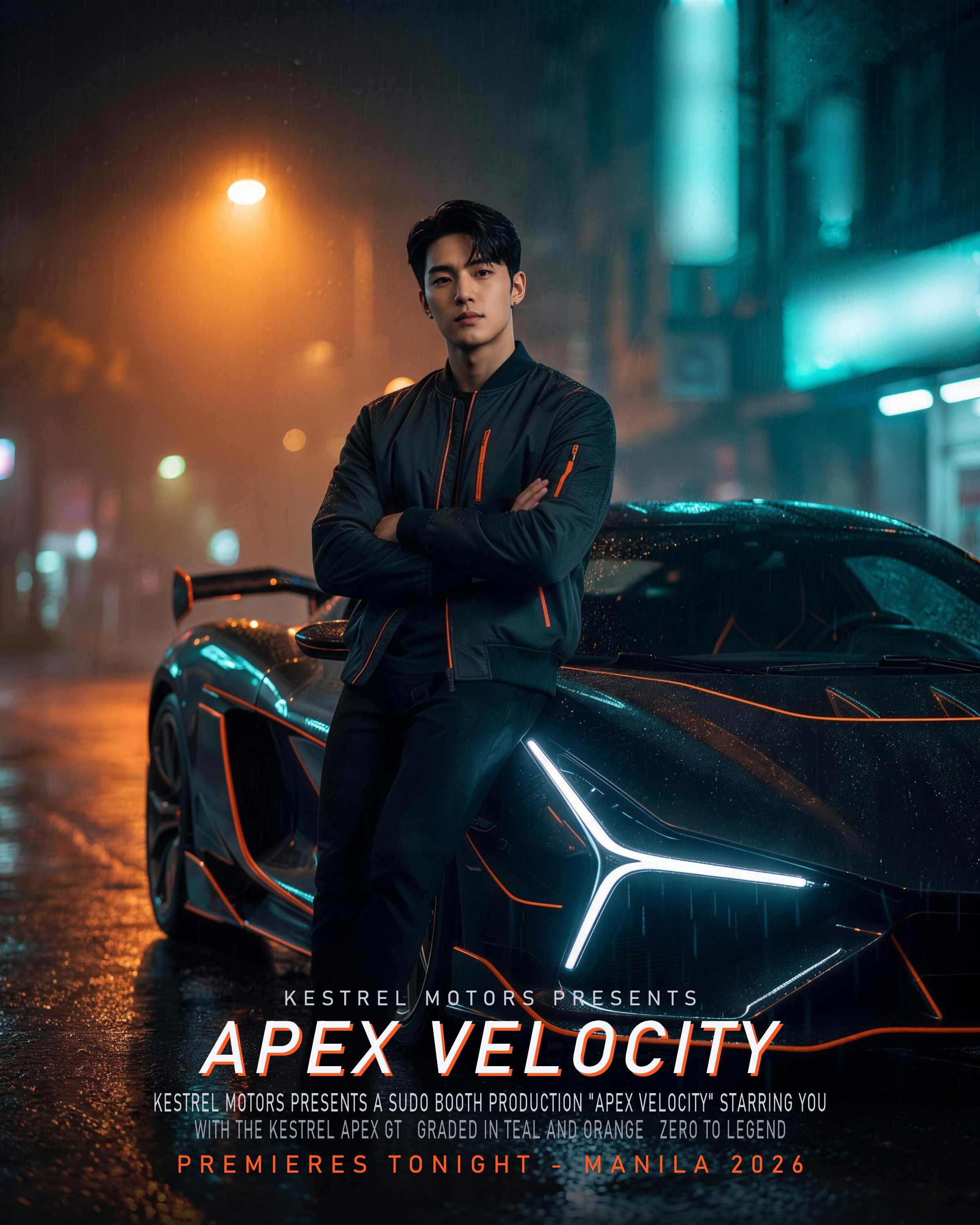 Creative demonstration: a cinematic launch example — a person leaning against a futuristic sports car on a rainy neon street, styled as a movie-poster launch concept 'Apex Velocity' for the fictional 'Kestrel Motors' and its fictional 'Kestrel Apex GT'.