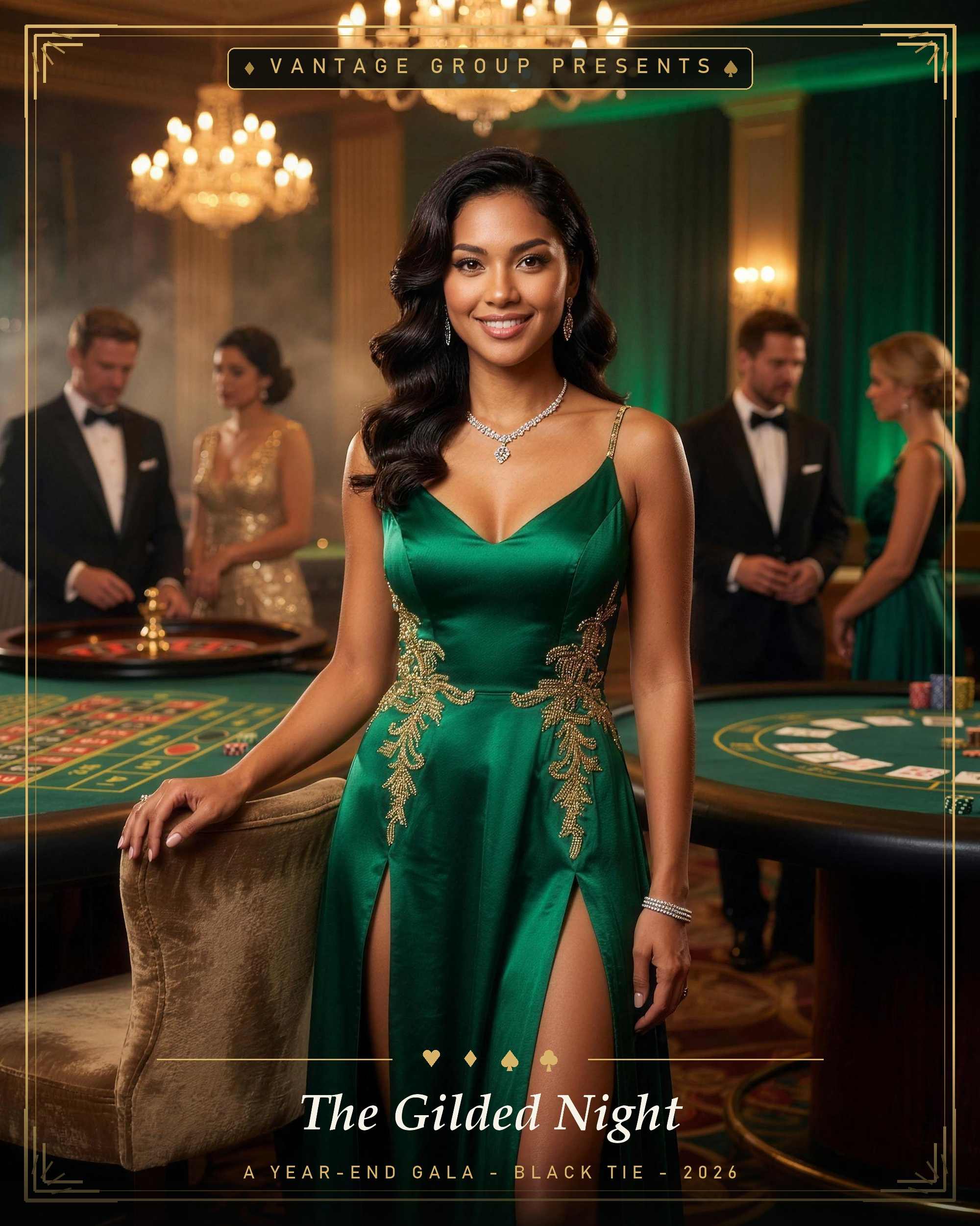 Creative demonstration: a corporate celebration example — a guest in an emerald gown at a casino-glamour, black-tie year-end gala for the fictional 'The Gilded Night' event by the fictional 'Vantage Group'. A themed company celebration, not a conference or keynote.