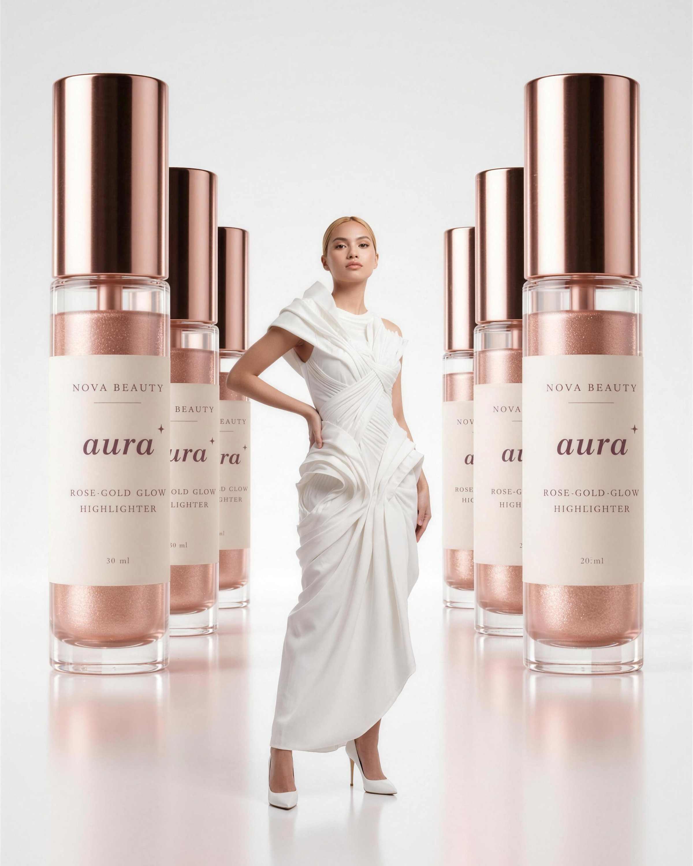 Creative demonstration: a fashion campaign example — a model in a white draped gown among oversized rose-gold beauty-product bottles for the fictional 'Nova Beauty · aura' brand's White Soirée concept.