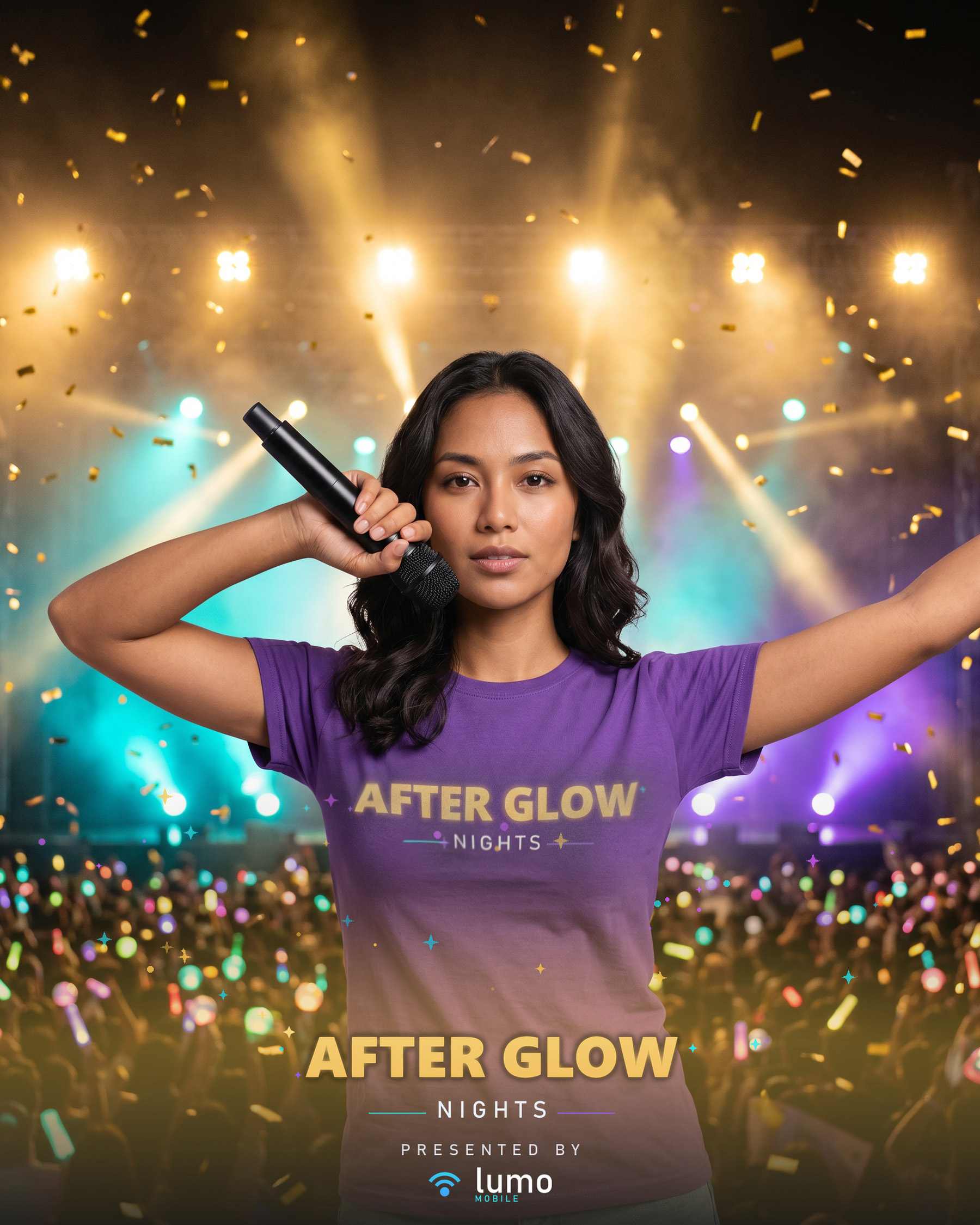 Creative demonstration: a finished AI photo output styled as a cinematic concert campaign — a performer on stage with a microphone — carrying the fictional After Glow Nights event branding and the fictional Lumo Mobile sponsor mark.