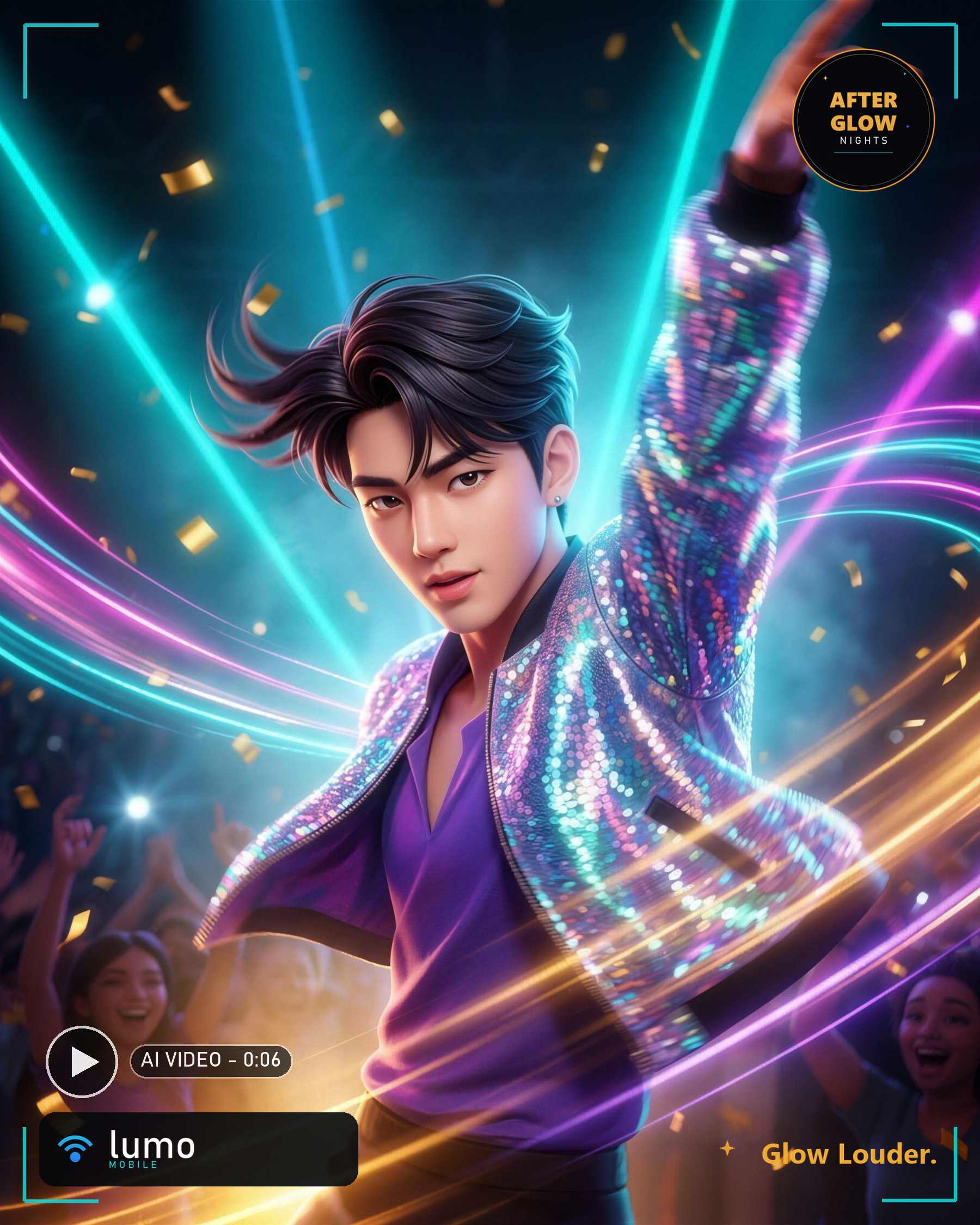 Creative demonstration: a static poster for a personalized AI video output — a stylized dancer at a concert, overlaid with a play-button graphic and a six-second duration label — for the fictional After Glow Nights campaign. Poster image only; not a playable video.