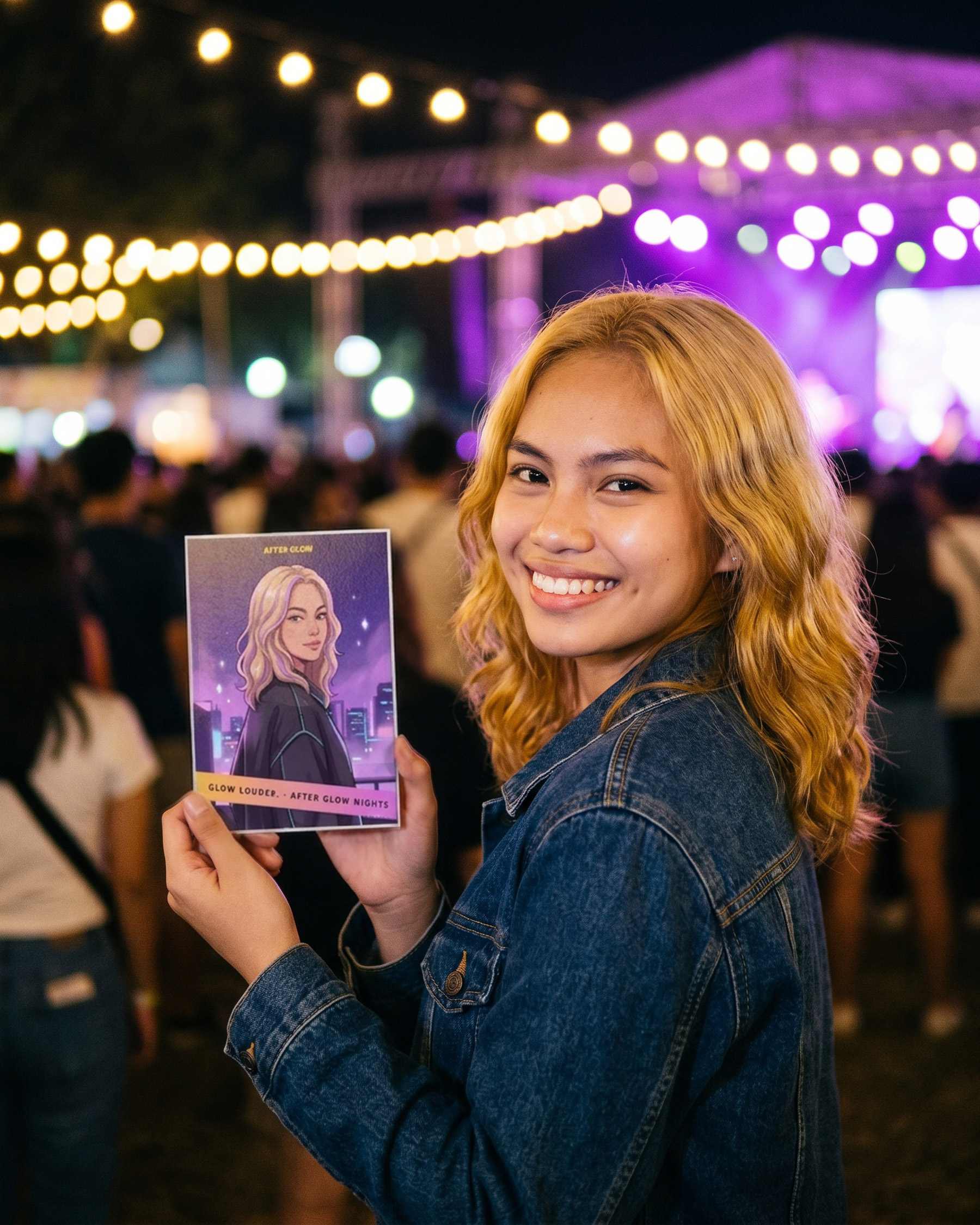 Creative demonstration: a guest at a night event holding a branded printed photo card from the fictional After Glow Nights campaign, with a stage and string lights behind her.