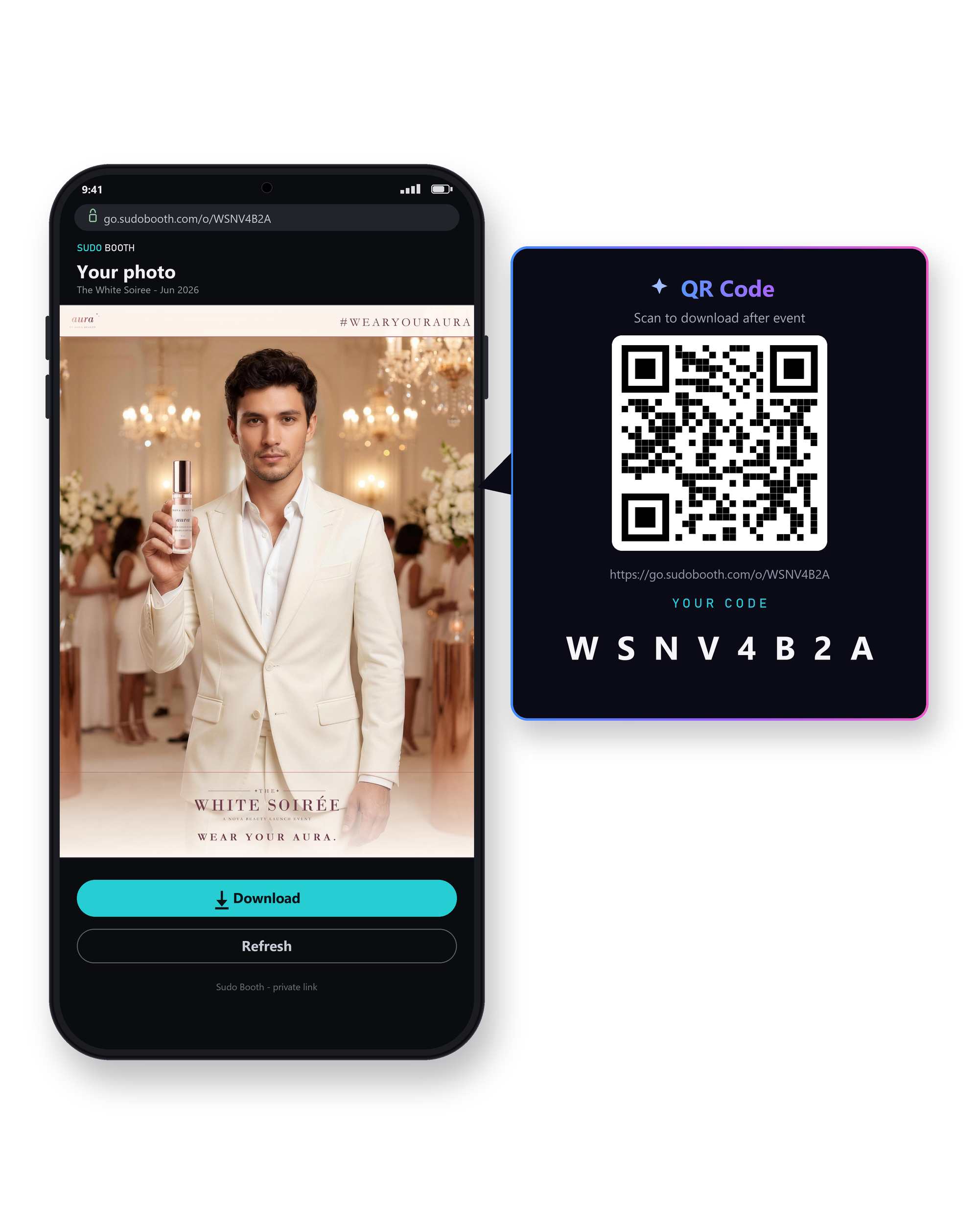Creative demonstration: a smartphone showing a Sudo Booth private delivery web page with a guest's branded event photo, Download and Refresh buttons, next to a QR-code panel with a scan prompt, a demonstration delivery URL, and a demonstration guest code.