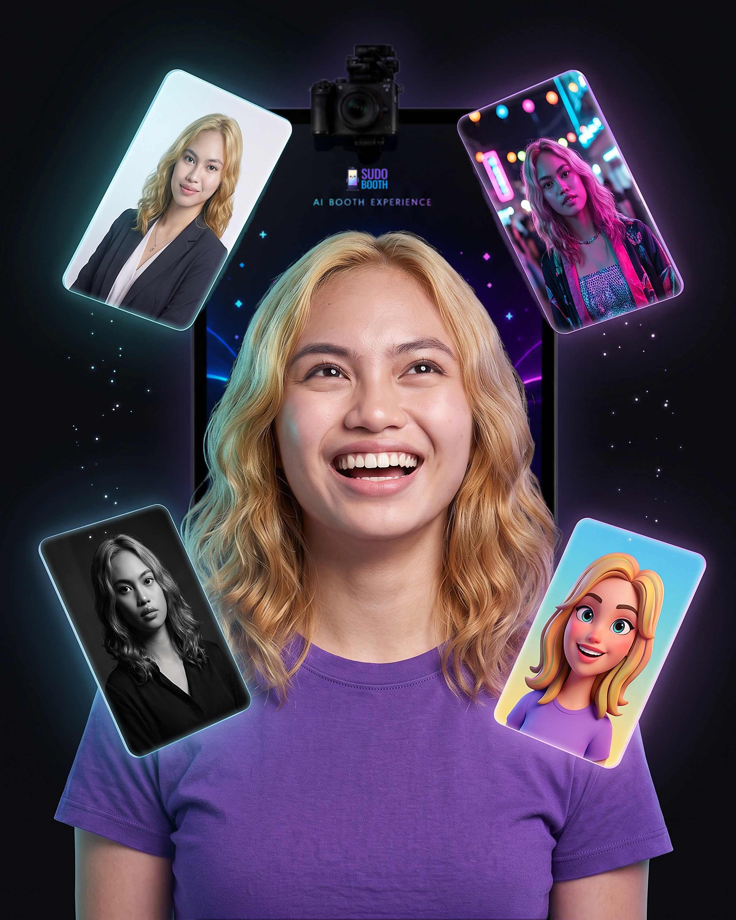 Creative demonstration: a smiling guest at a Sudo Booth brand activation, with the booth camera and AI Booth Experience screen behind her and four example AI transformations floating around her — a corporate headshot, a neon festival portrait, a black-and-white editorial portrait, and a 3D animated avatar.