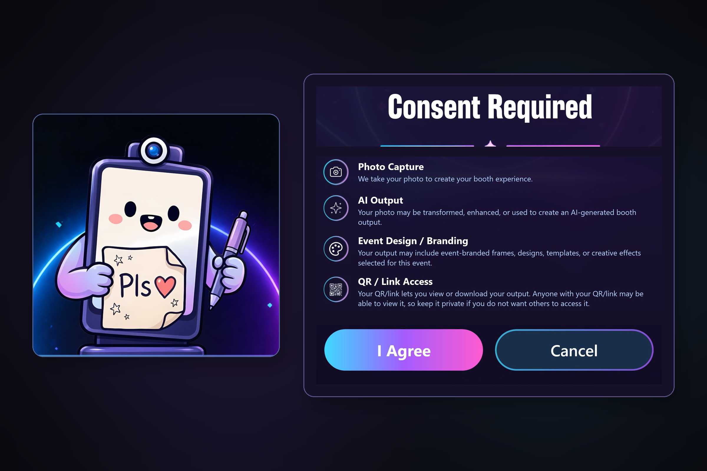 Creative demonstration: a Sudo Booth on-screen consent notice — a 'Consent Required' panel listing Photo Capture, AI Output, Event Design / Branding, and QR / Link Access, with 'I Agree' and 'Cancel' buttons, beside the friendly Sudo Booth mascot.