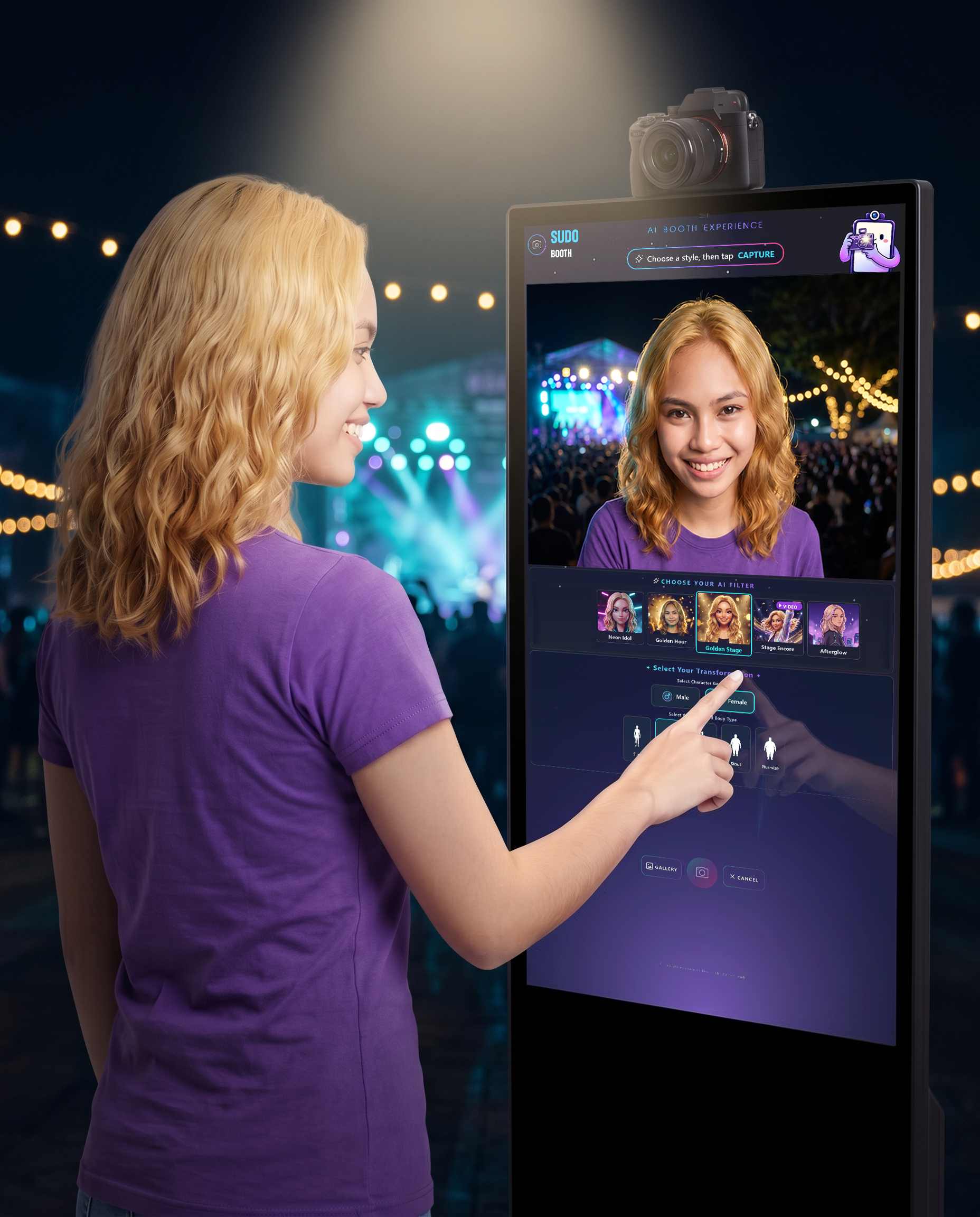 Creative demonstration: an attendee interacting with a Sudo Booth touchscreen, showing her live preview composited onto a concert-stage background, a row of event-specific AI filters, and on-screen transformation options.